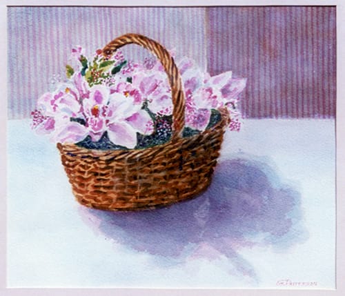 Geneva's watercolor of a basket of orchids Pat had sent to her, painting sold to R Wolfe