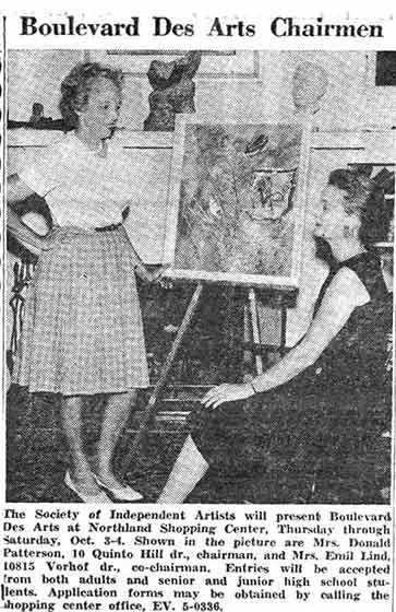 Newspaper photo of art festival chair(wo)men Geneva Patterson and Mrs. Emil Lind, St. Louis, 1963